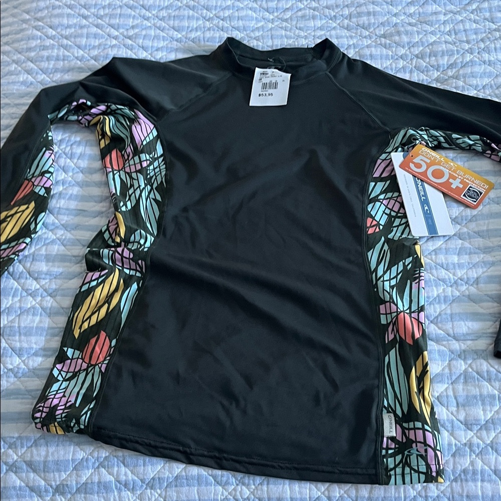 Black Long Sleeve Rash Guard with Colorful Pattern girls